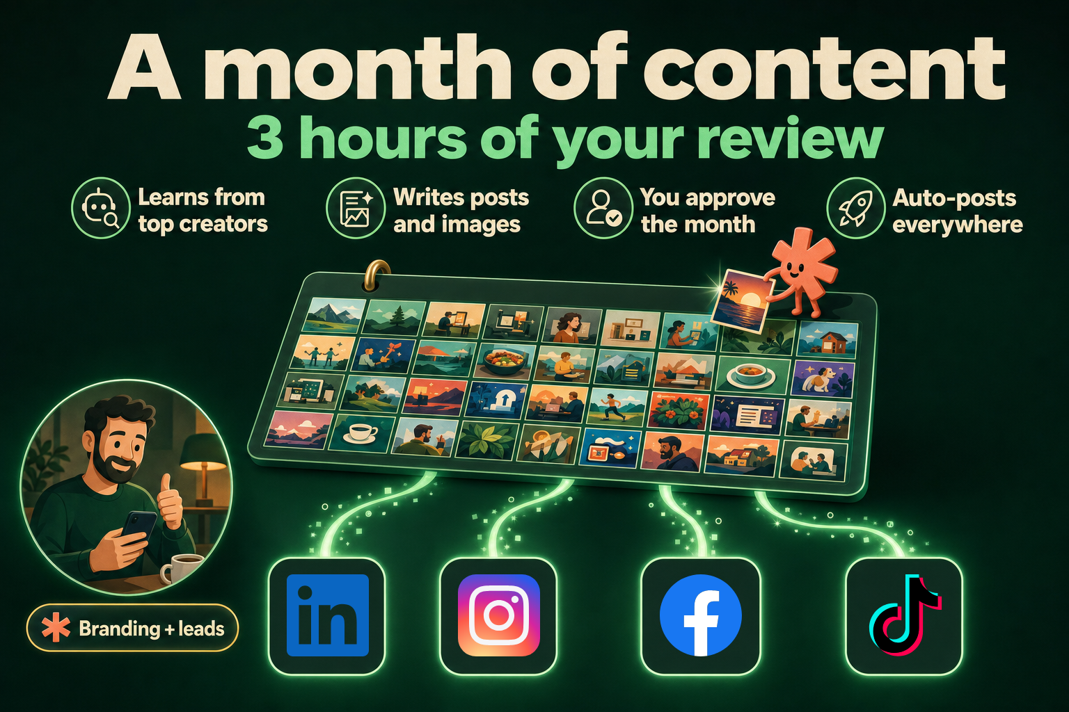 A month of content, 3 hours of your review. The machine learns from top creators, writes posts and images, you approve the month, and it auto-posts everywhere: LinkedIn, Instagram, Facebook and TikTok. Branding plus leads.