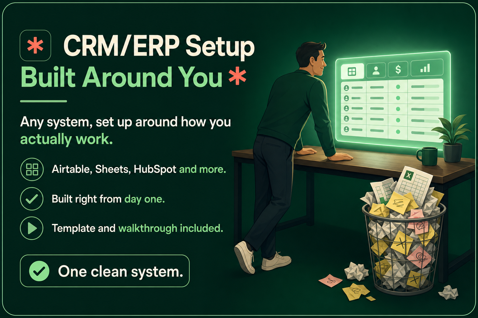 CRM/ERP Setup built around you: any system, set up around how you actually work. Airtable, Sheets, HubSpot and more, built right from day one, template and walkthrough included. One clean system.